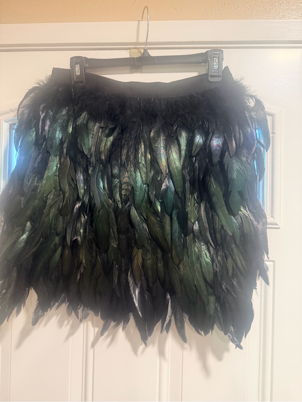 Feather Trim Mini Skirt in Iridescent Black-Green